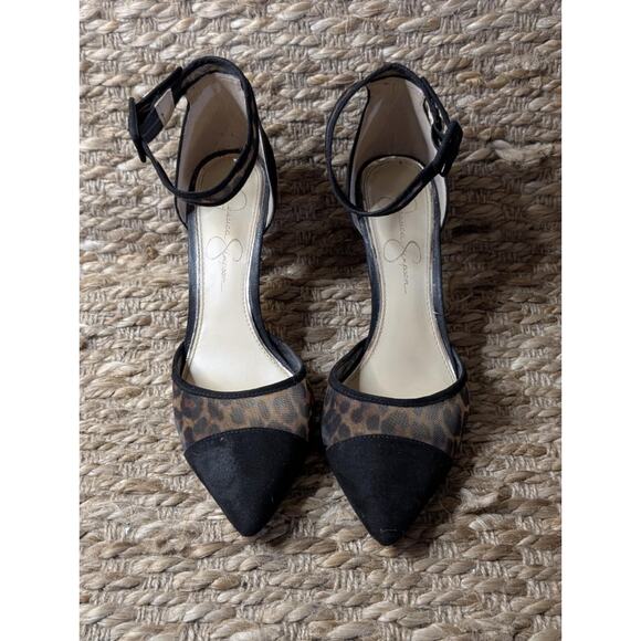 Jessica Simpson Size 8.5 Camania Mesh Cheetah Black Faux Suede Pointed Toe Heels - Picture 5 of 12